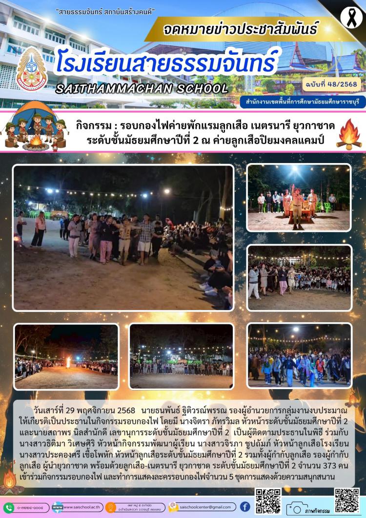 กิจกรรม : รอบกองไฟค่ายพักแรมลูกเสือ เนตรนารี ยุวกาชาด  ระดับชั้นมัธยมศึกษาปีที่ 2 ณ ค่ายลูกเสือปิยมงคลแคมป์ 