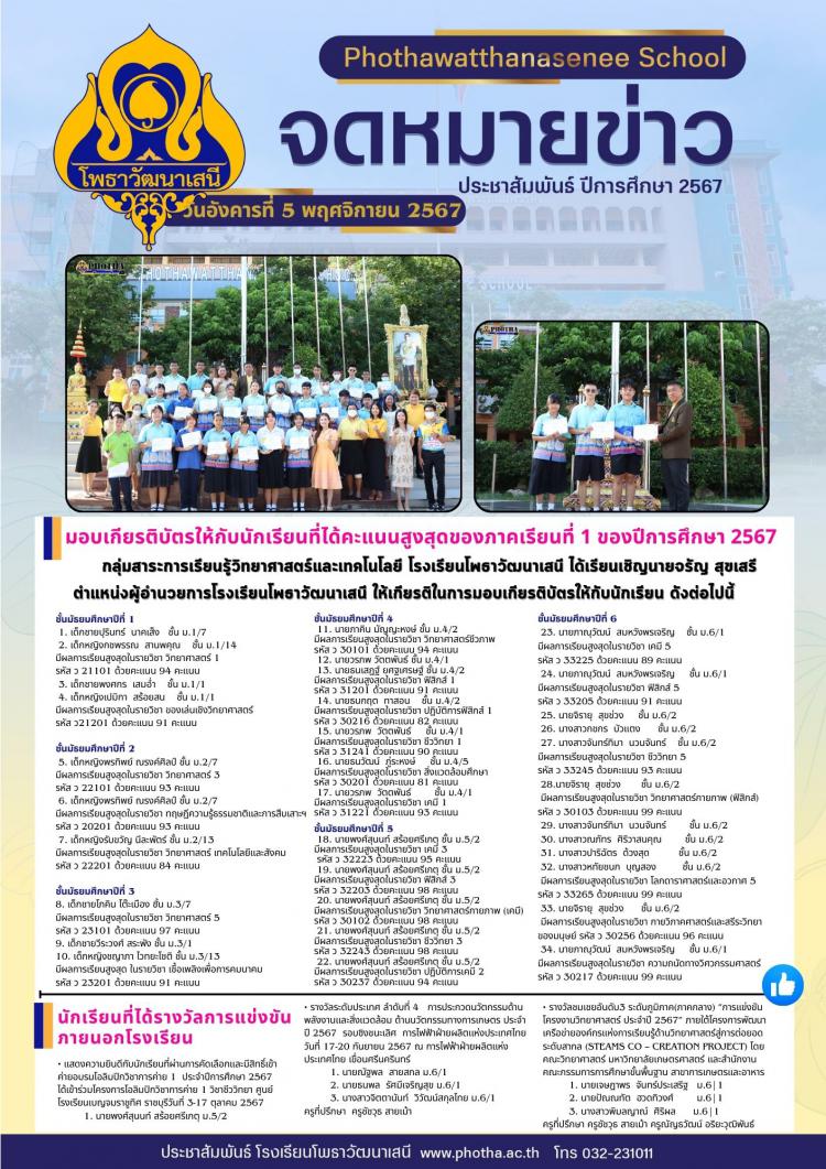 มอบเกียรติบัตรให้กับนักเรียนที่ได้คะแนนสูงสุดของภาคเรียนที่ 1 