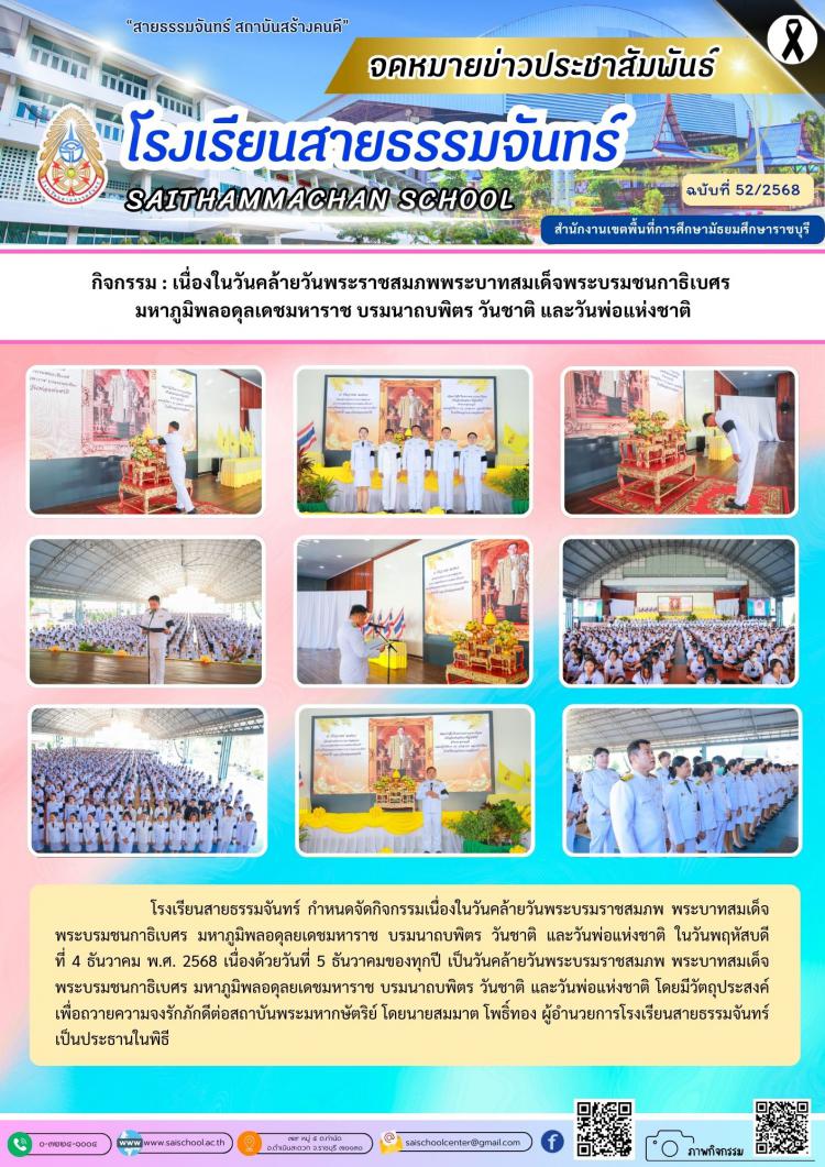 กิจกรรม : เนื่องในวันคล้ายวันพระราชสมภพพระบาทสมเด็จพระบรมชนกาธิเบศร  มหาภูมิพลอดุลเดชมหาราช บรมนาถบพิตร วันชาติ และวันพ่อแห่งชาติ