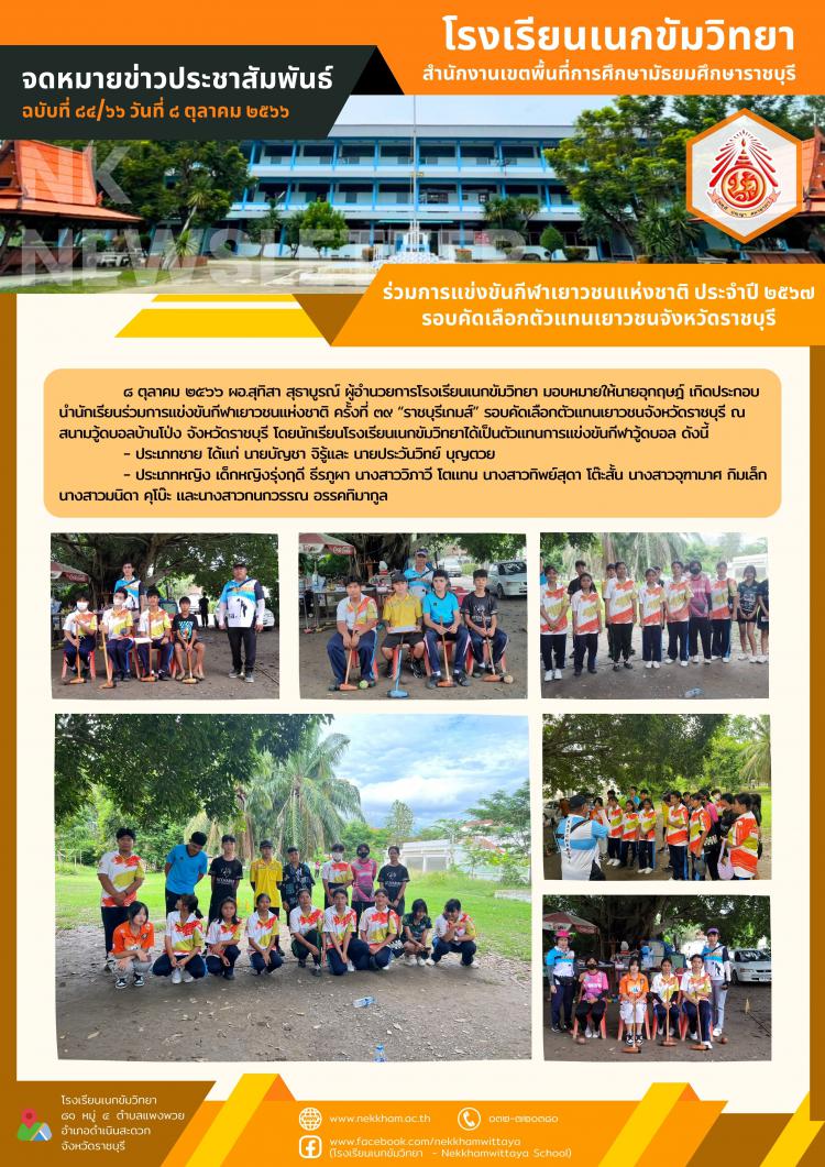 ร่วมการแข่งขันกีฬาเยาวชนแห่งชาติ ประจำปี ๒๕๖๗ รอบคัดเลือกตัวแทนเยาวชนจังหวัดราชบุรี