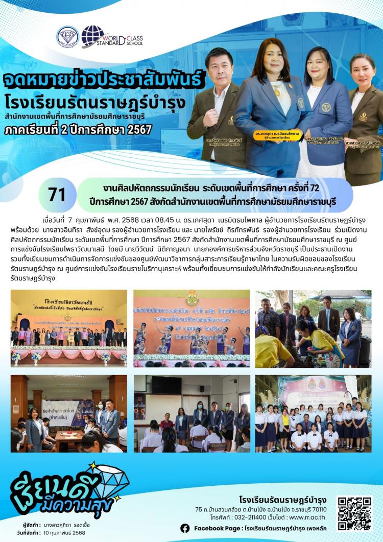 71 งานศิลปหัตถกรรมนักเรียน  ระดับเขตพื้นที่การศึกษา ครั้งที่ 72   ปีการศึกษา 2567 สังกัดสำนักงานเขตพื้นที่การศึกษามัธยมศึกษาราชบุรี