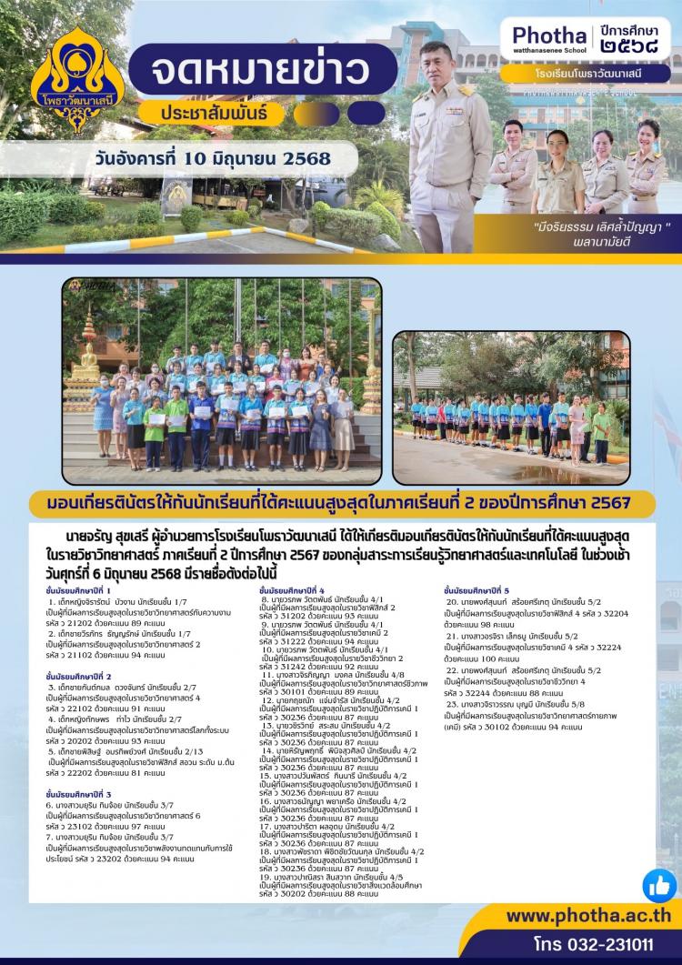 กลุ่มสาระการเรียนรู้วิทยาศาสตร์มอบเกียรติบัตรนักเรียนที่ได้คะแนนสูงสุด ประจำภาคเรียนที่ 2 ปีการศึกษา 2568 