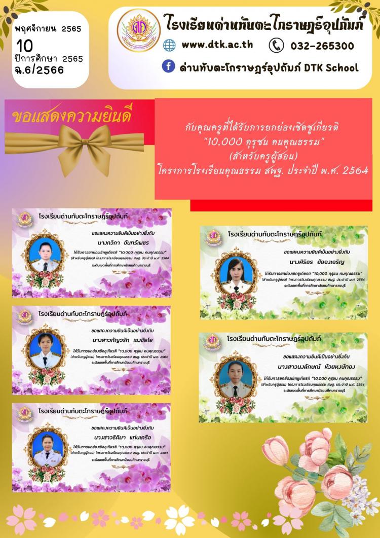ขอแสดงความยินดีกับคุณครู เนื่องในโอกาสได้รับรางวัลฯ ระดับเขตพื้นที่การศึกษาฯ ฉ.6/2566