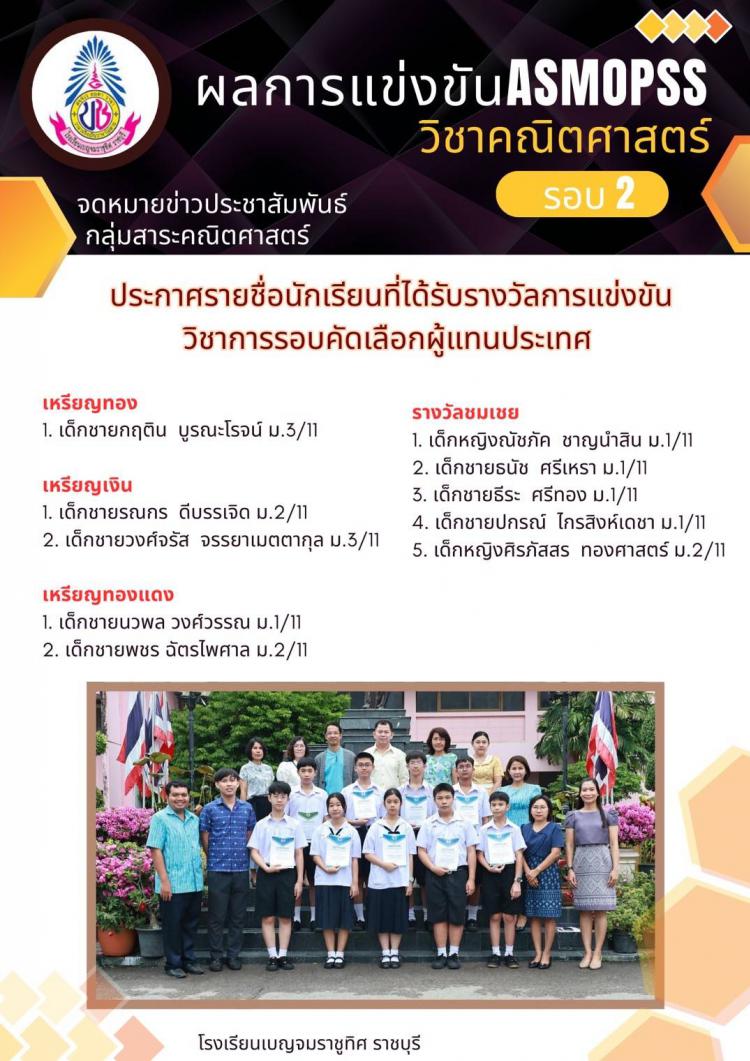 ผลการแข่งขันASMOPSS วิชาคณิตศาสตร์ ของนักเรียนโรงเรียนเบญจมราชูทิศ ราชบุรี