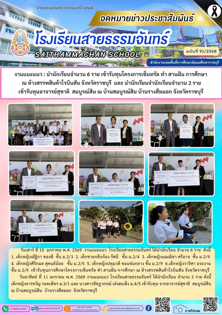 งานแนะแนว : นำนักเรียนจำนวน 6 ราย เข้ารับทุนโครงการเซ็นทรัล ทำ สานฝัน การศึกษา  ณ ห้างสรรพสินค้าโรบินสัน จังหวัดราชบุรี ฯ