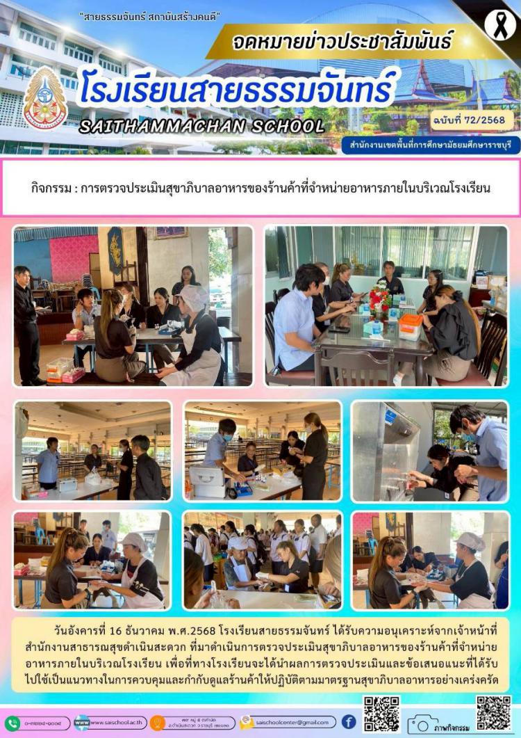 กิจกรรม : การตรวจประเมินสุขาภิบาลอาหารของร้านค้าที่จำหน่ายอาหารภายในบริเวณโรงเรียน