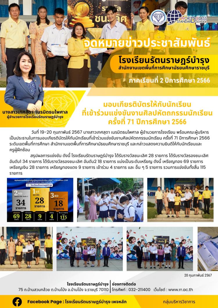 54 มอบเกียรติบัตรให้กับนักเรียนที่เข้าร่วมแข่งขันงานศิลปหัตถกรรมนักเรียน ครั้งที่ 71 ปีการศึกษา 2566