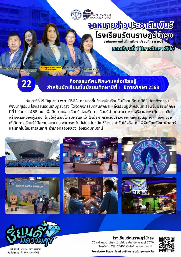 22 กิจกรรมทัศนศึกษาแหล่งเรียนรู้ สำหรับนักเรียนชั้นมัธยมศึกษาปีที่ 1  ปีการศึกษา 2568