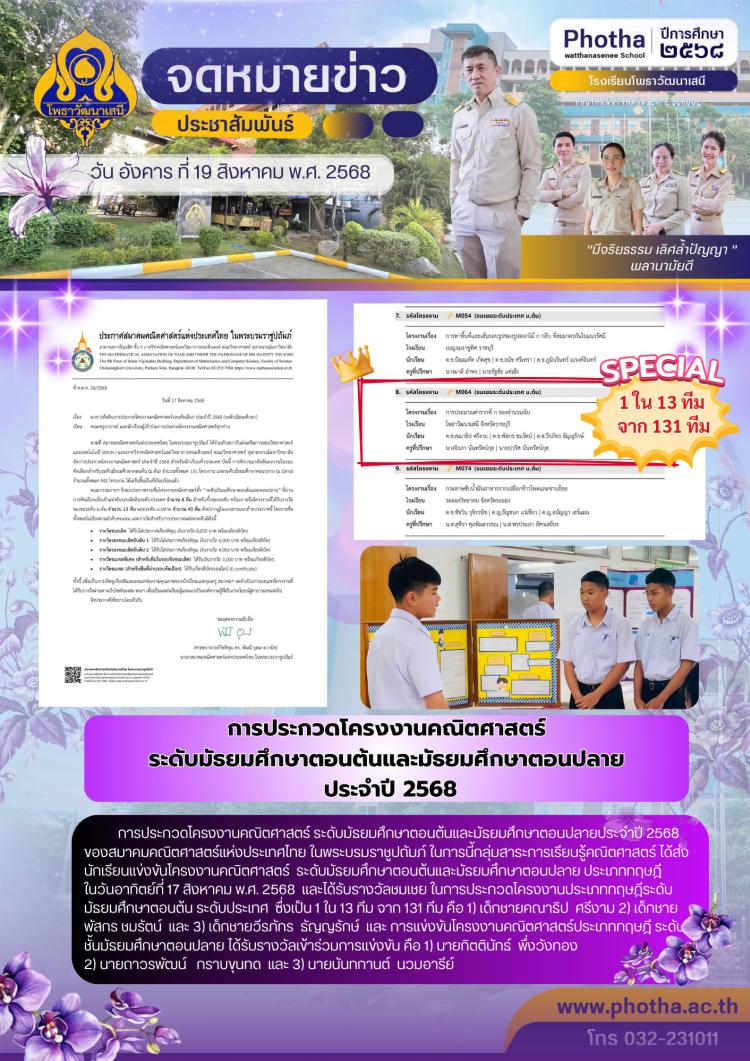 ได้รับรางวัลชมเชย ในการประกวดโครงงานประเภททฤษฎีระดับมัธยมศึกษาตอนต้น ระดับประเทศ  ซึ่งเป็น 1 ใน 13 ทีม จาก 131