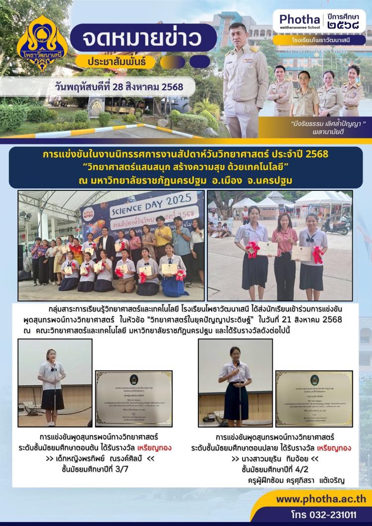 การแข่งขันพูดสุนทรพจน์ทางวิทยาศาสตร์  ในหัวข้อ “วิทยาศาสตร์ในยุคปัญญาประดิษฐ์” ณ คณะวิทยาศาสตร์และเทคโนโลยี มหาวิทยาลัยราชภัฏนครปฐม
