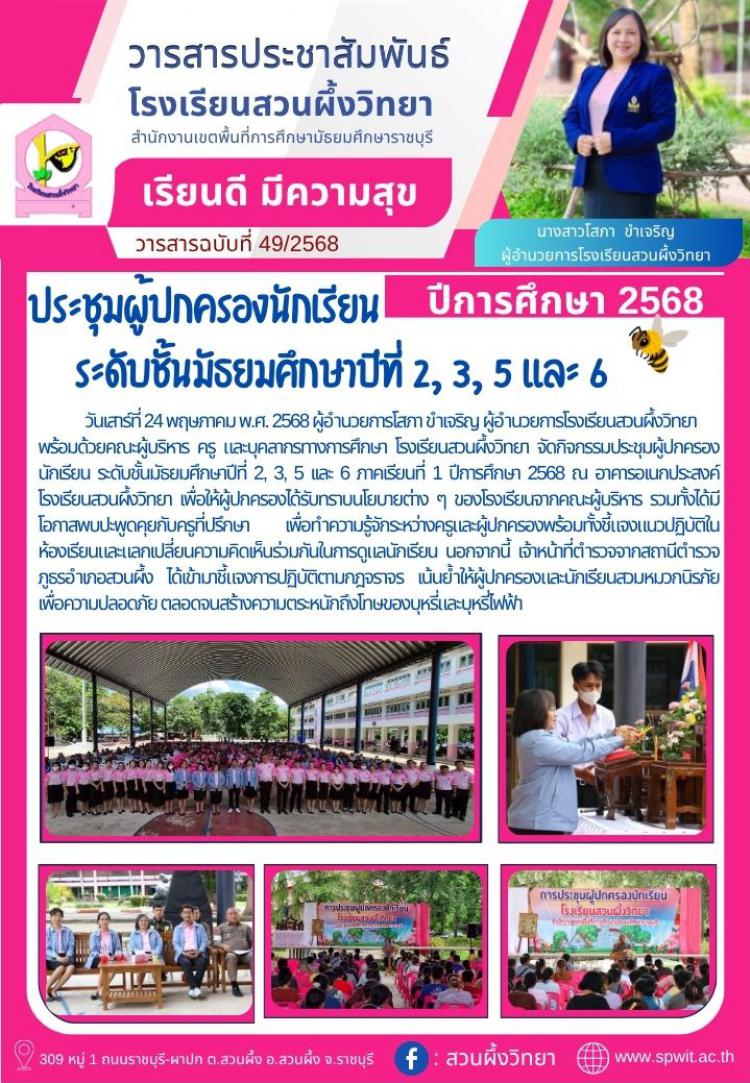 ประชุมผู้ปกครองนักเรียน ระดับชั้นมัธยมศึกษาปีที่ 2, 3, 5เเละ 6 ภาคเรียนที่ 1 ปีการศึกษา 2568