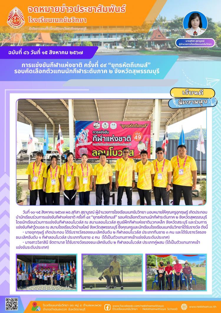 การแข่งขันกีฬาแห่งชาติ ครั้งที่ ๔๙ “ยุทธหัตถีเกมส์” รอบคัดเลือกตัวแทนนักกีฬาระดับภาค ๒ จังหวัดสุพรรณบุรี