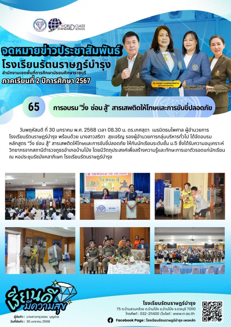 65 การประเมินผลงานโครงการสถานศึกษาสีขาวปลอดยาเสพติดและอบายมุข ปีการศึกษา 2567